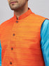 Vastramay Men's Orange Matka Silk Nehru Jacket With Aqua Blue Silk Blend Kurta and Pyjama Set